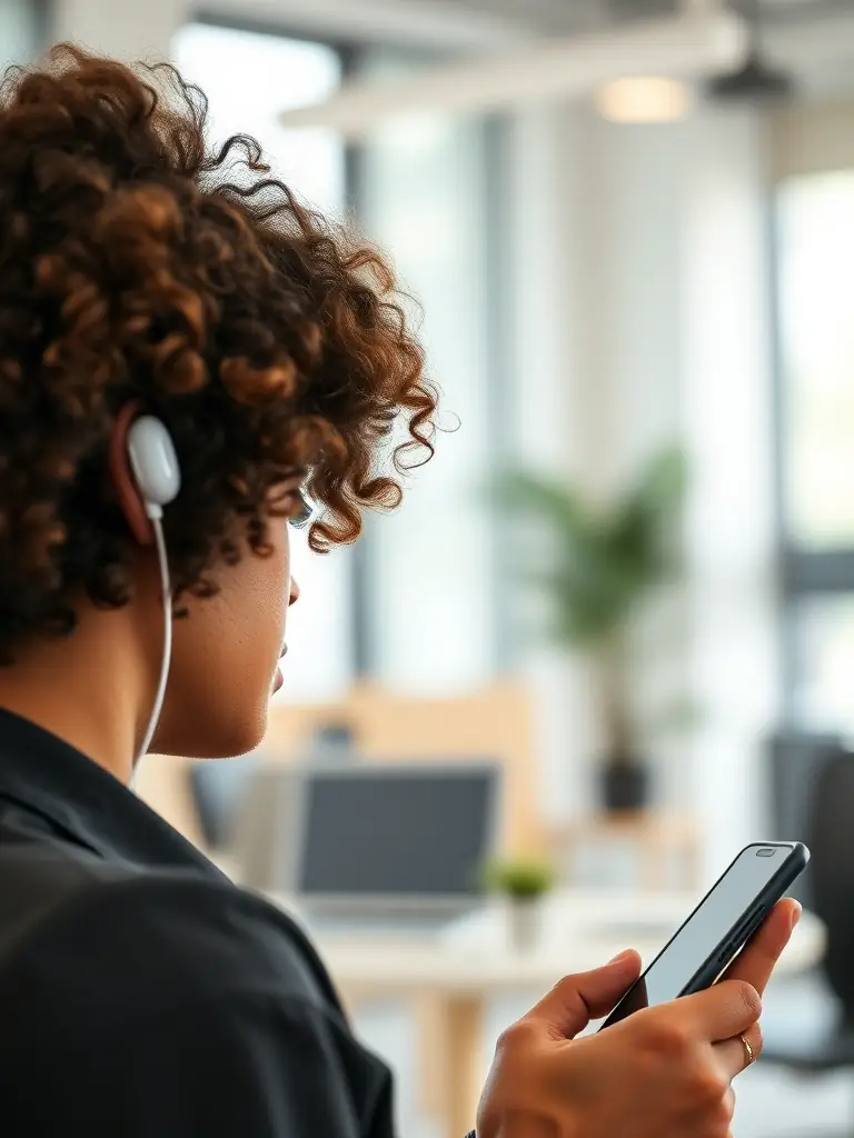 A user wearing earbuds dictates commands into the KeyBoardless CRM system, demonstrating the hands-free voice control feature.