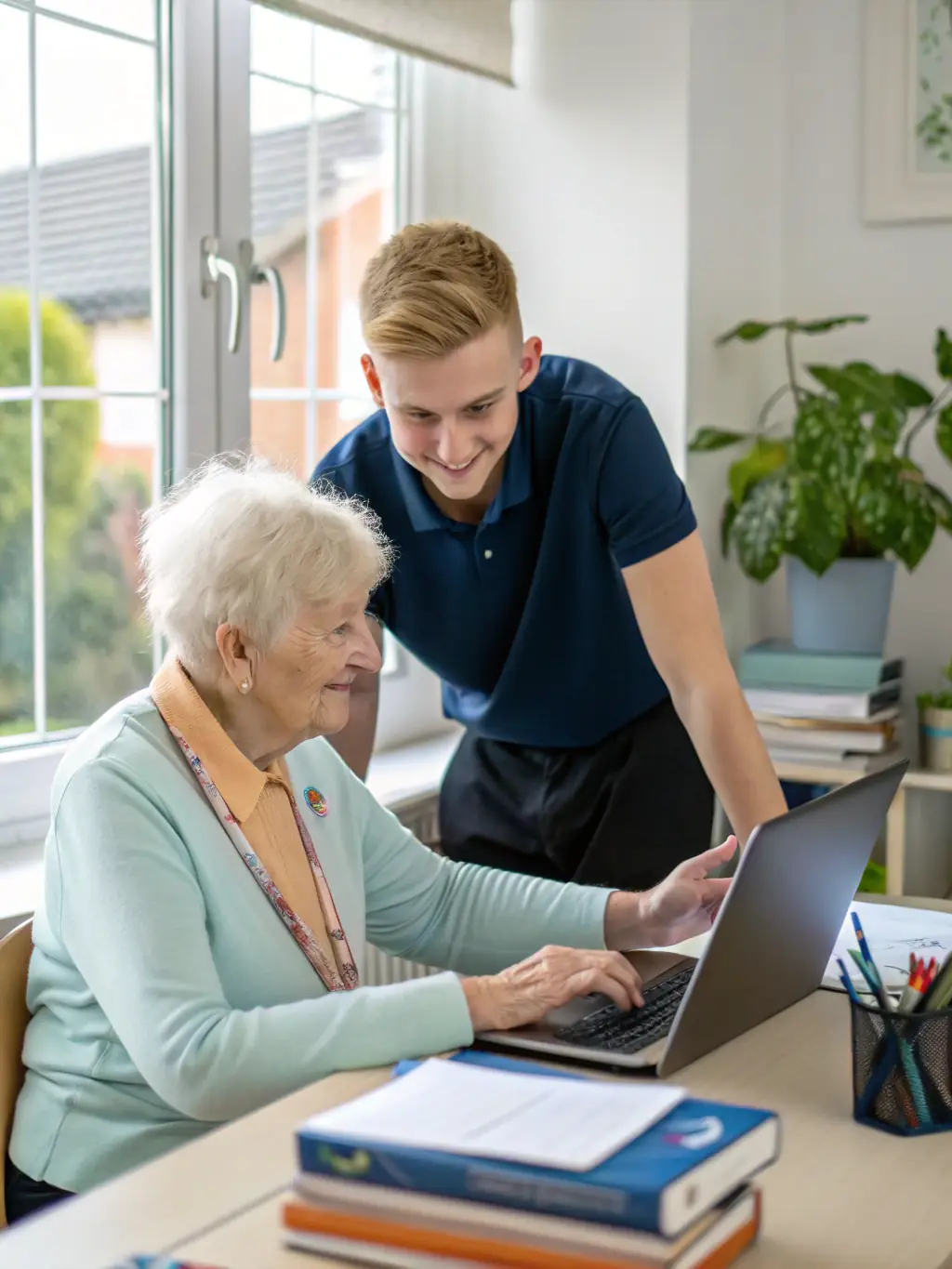 An NDIS support worker wearing a headset, documenting client interactions and progress notes hands-free using KeyBoardless CRM during a home visit.