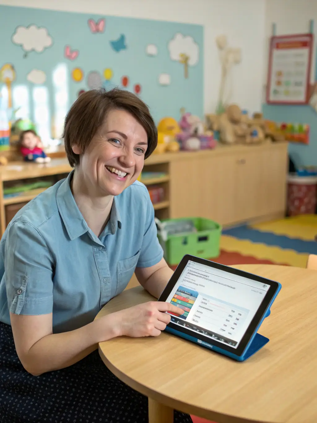 A childcare worker using a tablet with KeyBoardless CRM to record attendance and manage parent communications, emphasizing safety and efficiency.