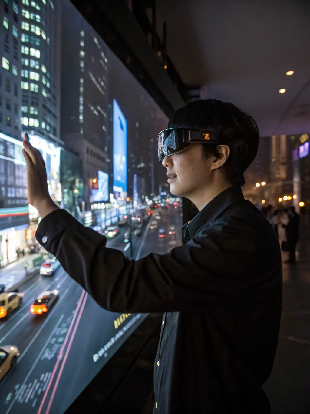 A person wearing smart glasses interacting with a CRM interface projected onto the lenses, showcasing wearable integration.