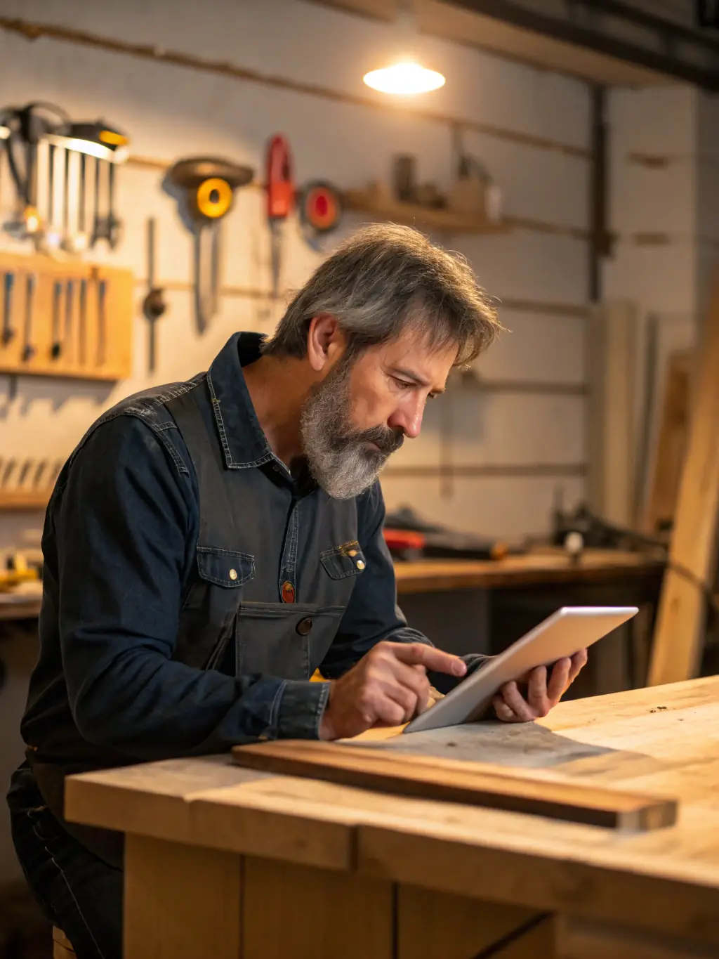 A tradesperson wearing earbuds using KeyBoardless CRM to manage job schedules and communicate with clients, emphasizing efficiency and real-time updates.