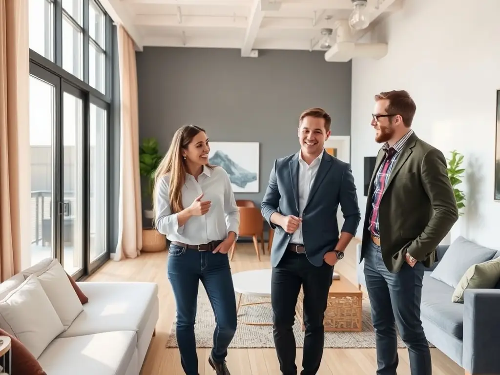 A real estate agent showing a property to potential buyers, emphasizing the ease of scheduling viewings and managing client interactions with KeyBoardless CRM.