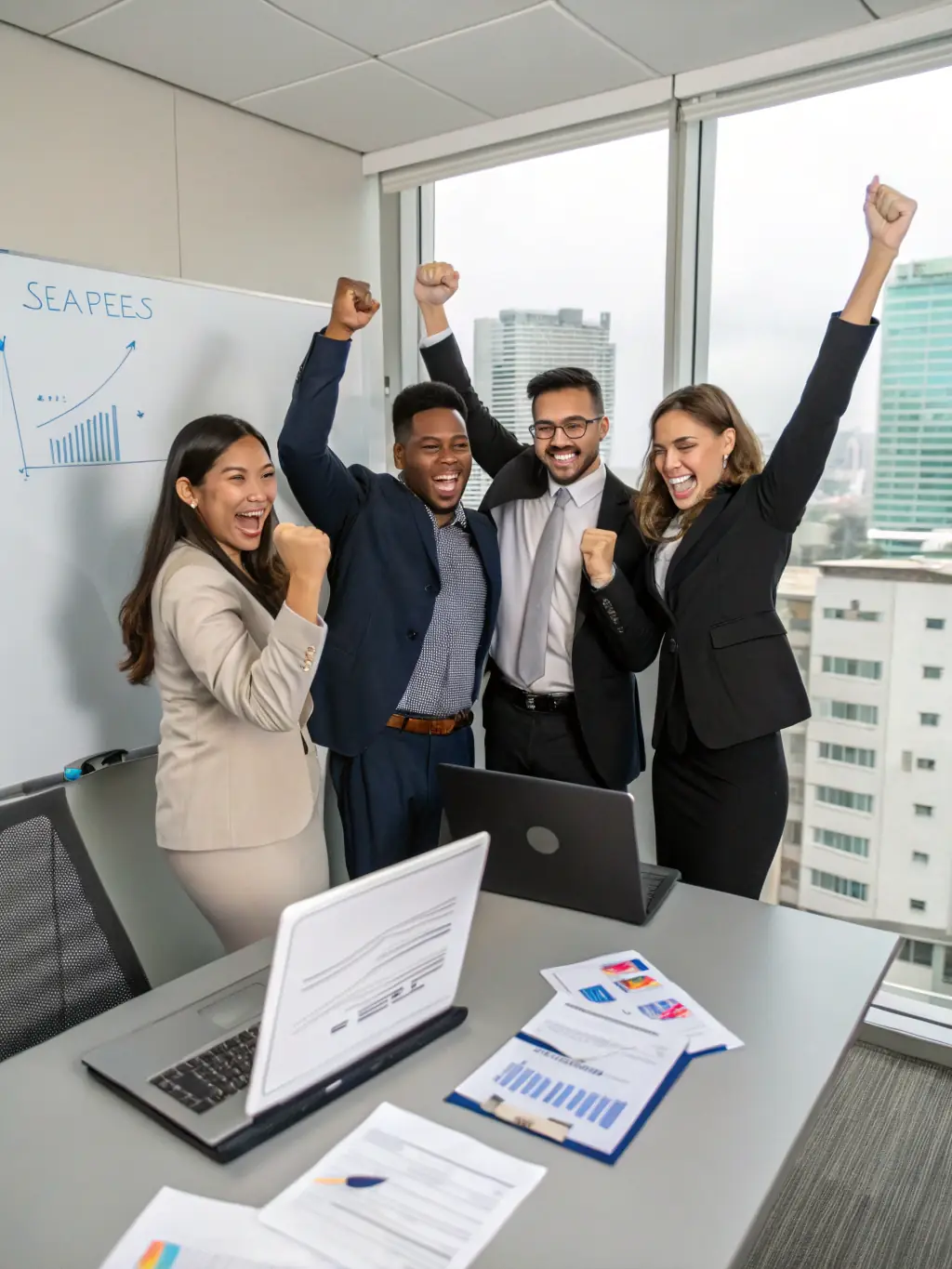 A diverse group of professionals from different industries are celebrating increased productivity and efficiency using KeyBoardless CRM.