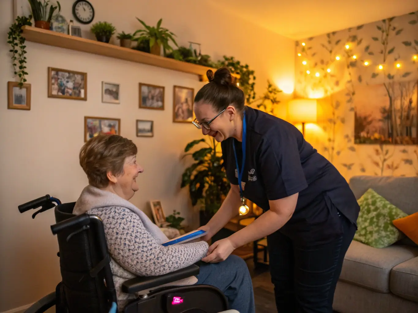 A support worker assisting a participant in a community setting, both smiling and engaged in an activity, showcasing the human connection facilitated by efficient NDIS service management.