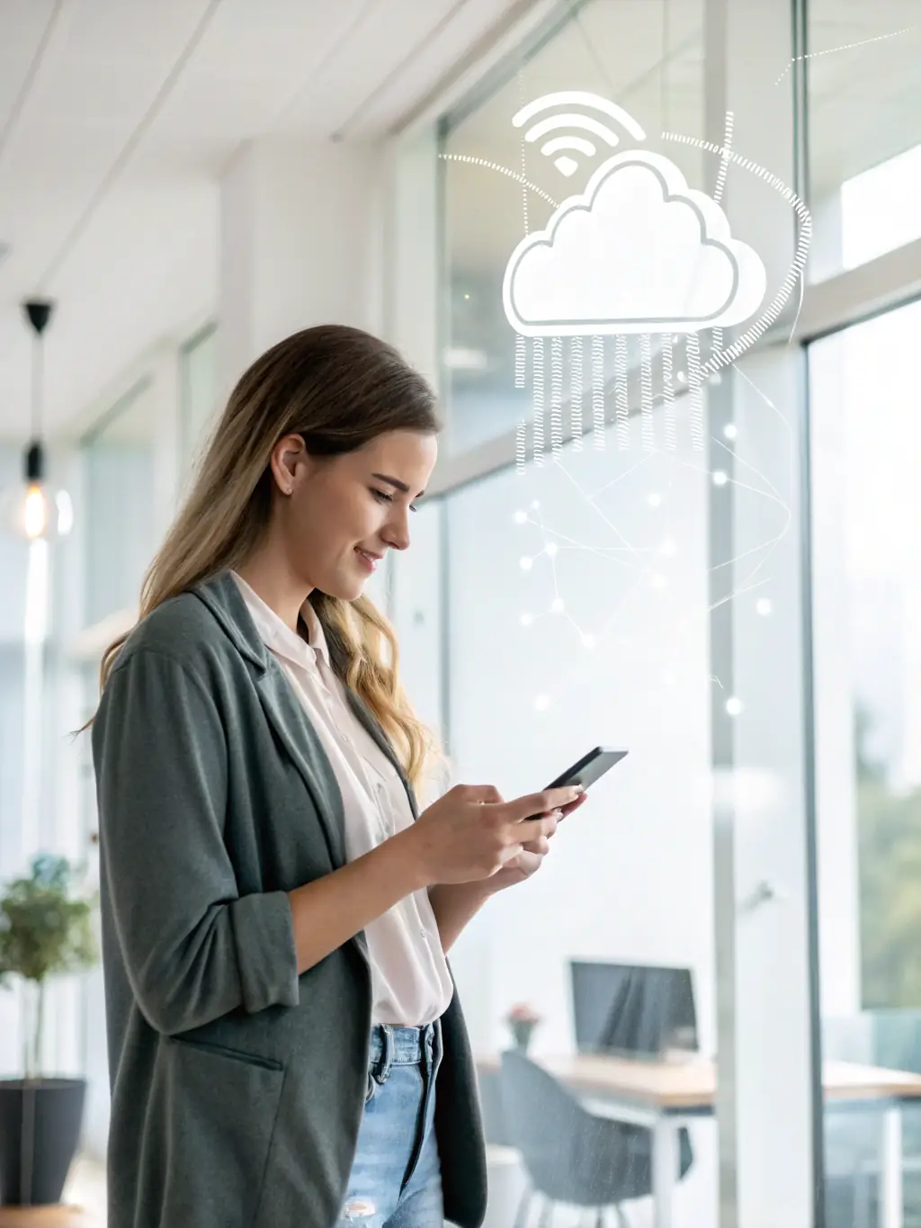 A real estate agent wearing smart glasses using KeyBoardless CRM to schedule property viewings and update listings, highlighting mobility and responsiveness.
